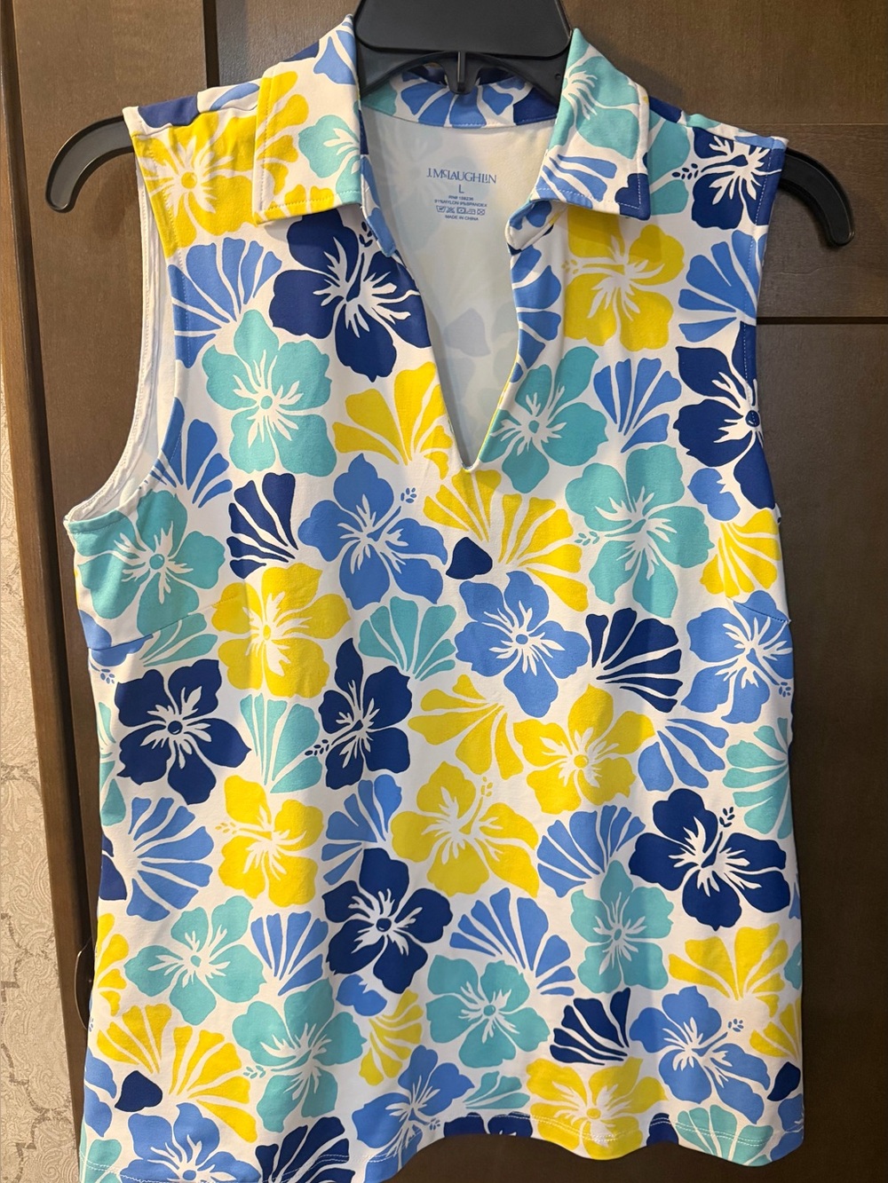 J. McLaughlin Blue, Teal & Yellow Floral Sleeveless Polo